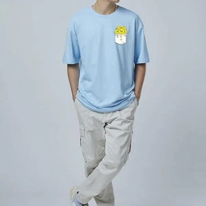 Men Sky Blue Oversized Printed Pocket Smiley T-shirt