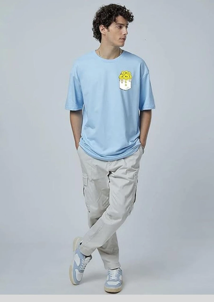 Men Sky Blue Oversized Printed Pocket Smiley T-shirt