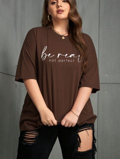Women Brown Oversized Typography Be Real T-shirt