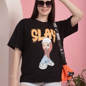 Women Black Oversized Printed Slay Tshirt