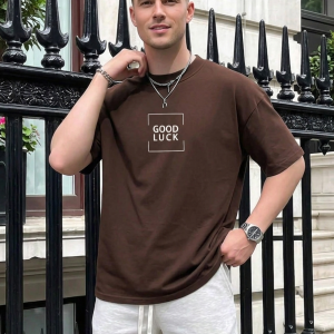 Men Brown Oversized Typography Good Luck T-shirt