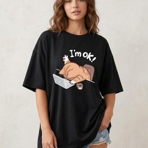 Women Black Oversized Typography I'm OK Tshirt