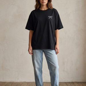 Women Black Oversized Printed Ribbon T-shirt