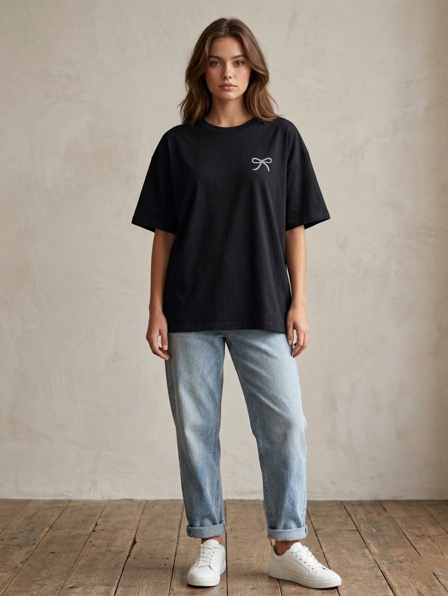 Women Black Oversized Printed Ribbon T-shirt