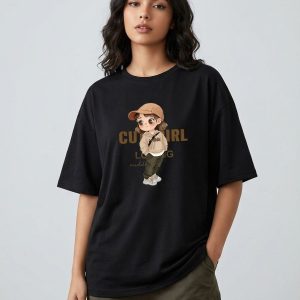 Women Black Oversized Printed Cute Girl Tshirt