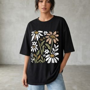 Women Black Oversized Printed Sunflower T-shirt