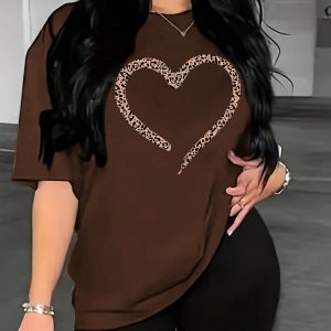 Women Brown Oversized Printed Love T-shirt