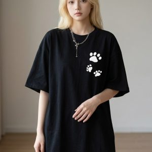 Women Black Oversized Printed Dog Paw T-shirt
