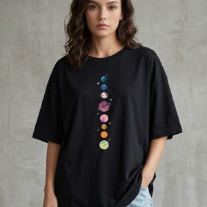 Women Black Oversized Printed 8 Planets T-shirt