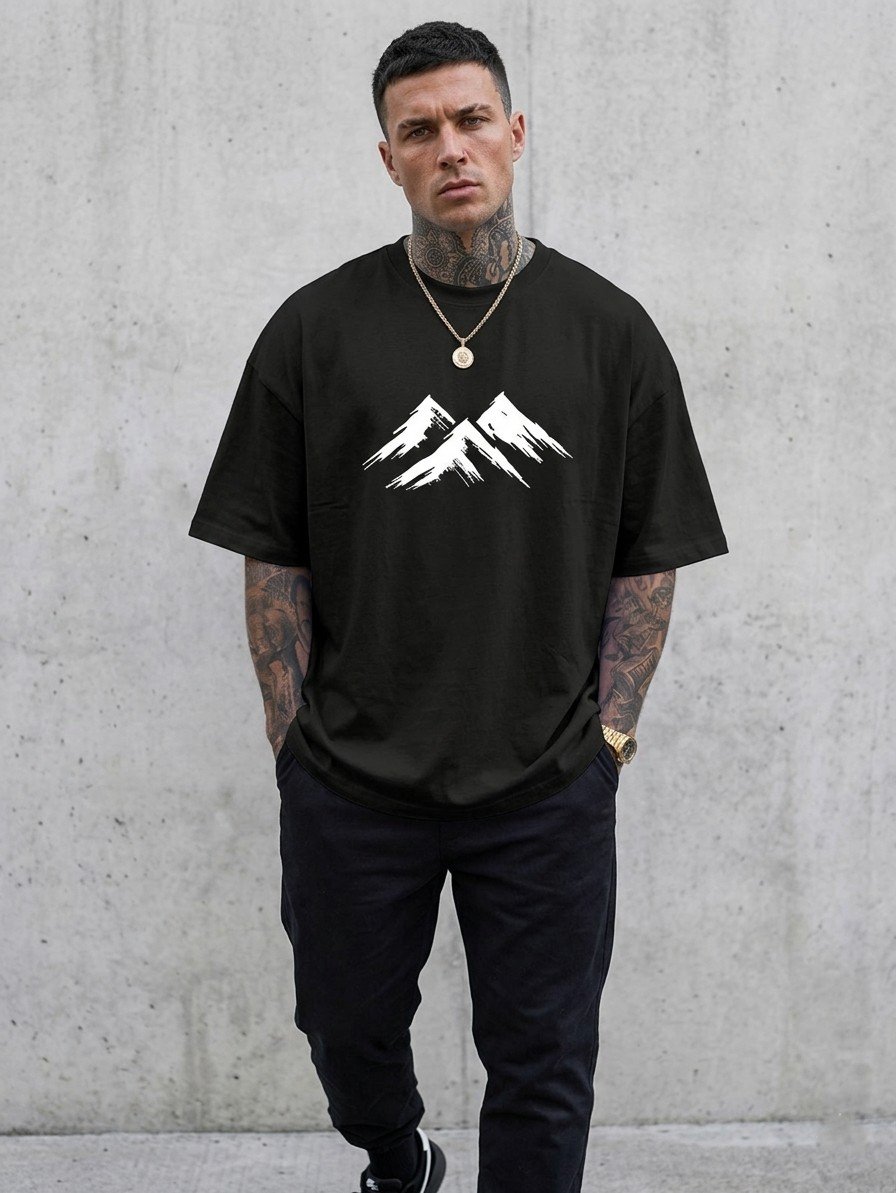 Men Black Oversized Printed Mountains T-shirt