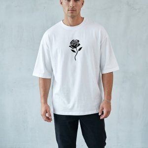 Men White Oversized Printed Rose T-shirt