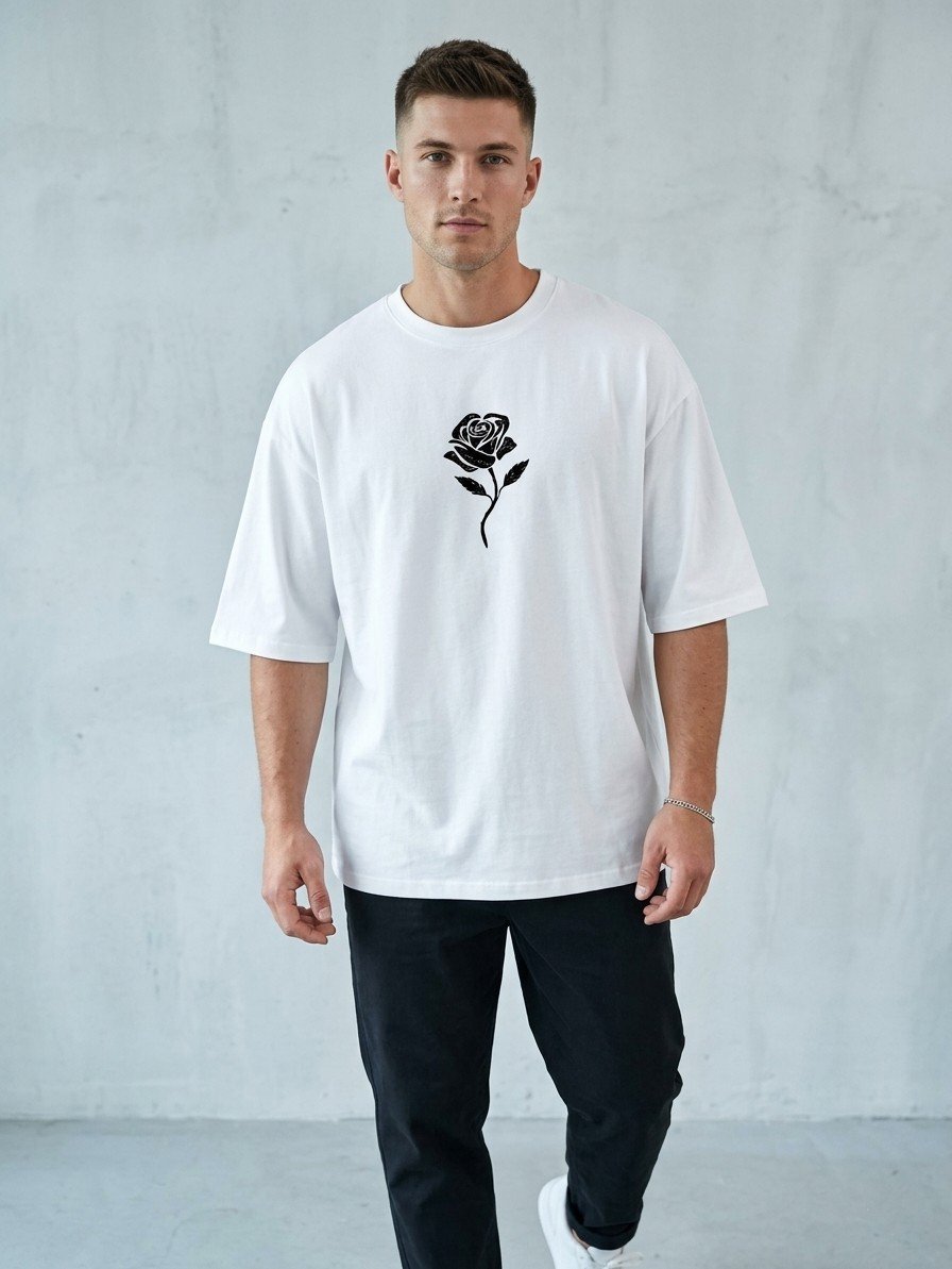Men White Oversized Printed Rose T-shirt