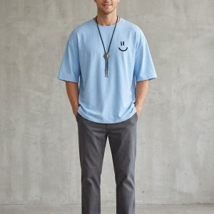 Men Sky Blue Oversized Printed Smiley T-shirt