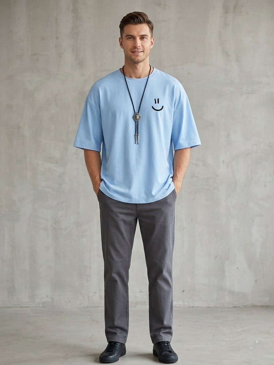 Men Sky Blue Oversized Printed Smiley T-shirt