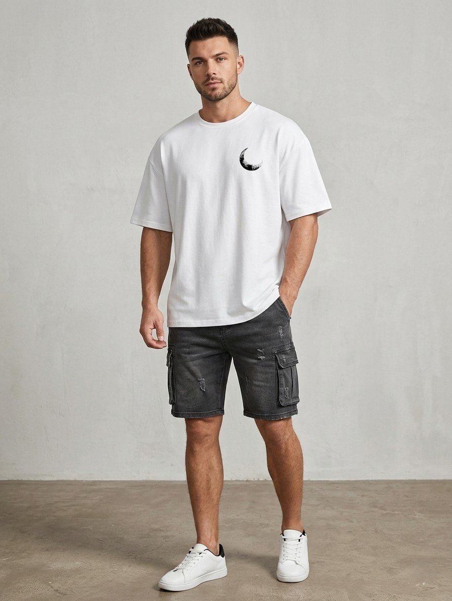 Men White Oversized Printed Half Moon T-shirt