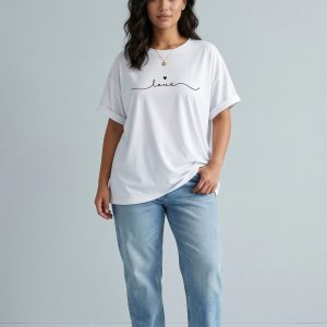 Women White Oversized Typography Love T-shirt