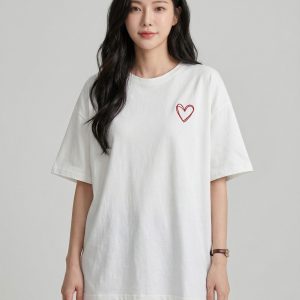 Women White Oversized Printed Red Heart T-shirt