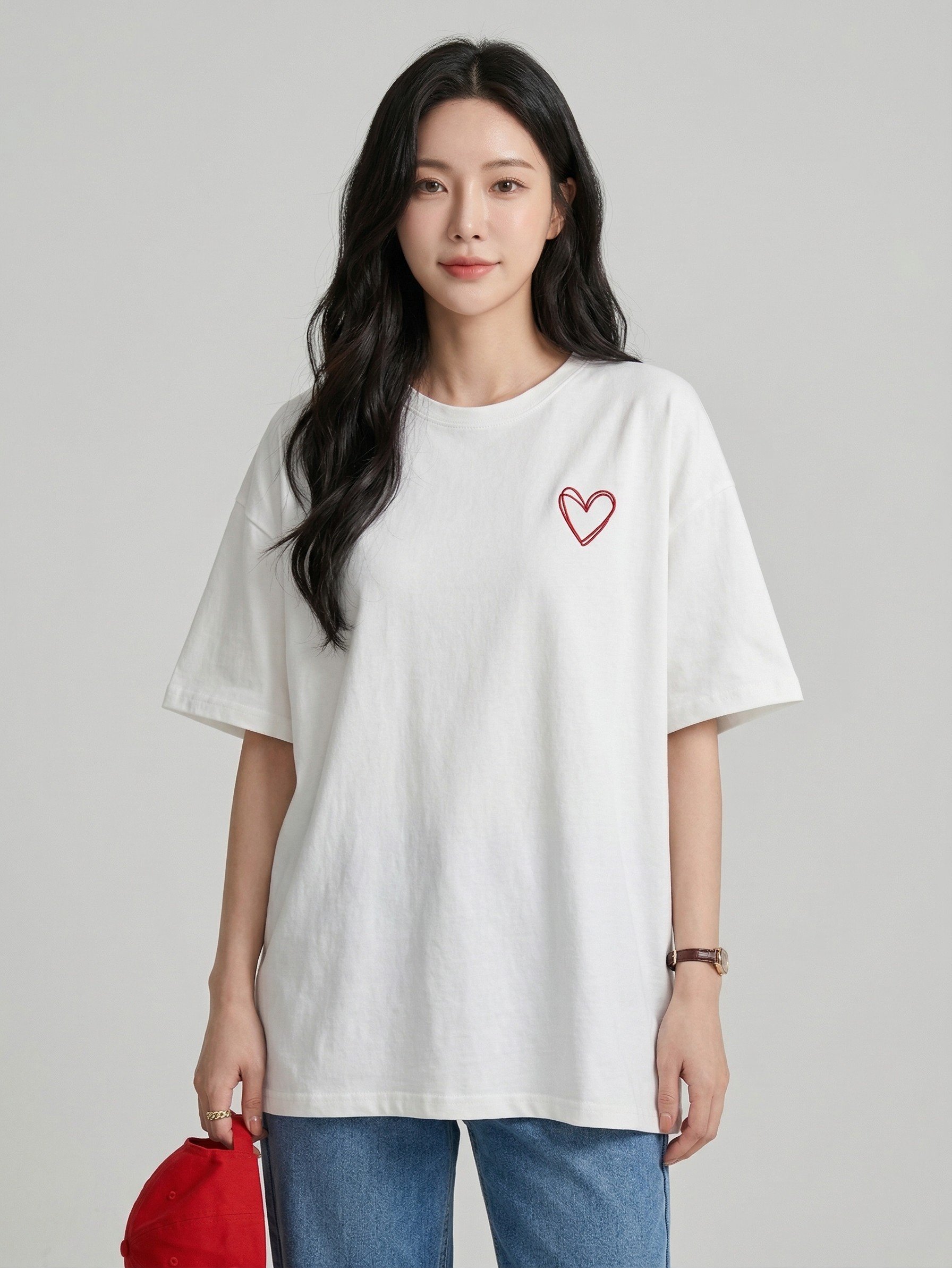 Women White Oversized Printed Red Heart T-shirt