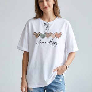 Women White Oversized Typography Choose Happy T-shirt