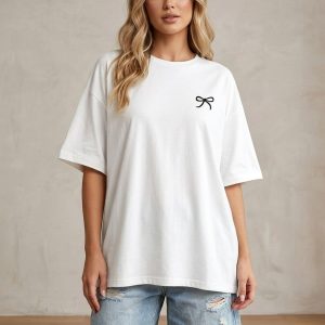 Women White Oversized Printed Ribbon Bow T-shirt