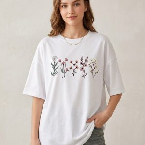 Women White Oversized Printed Flower Plants T-shirt