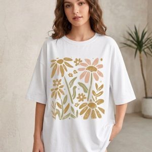 Women White Oversized Printed Sunflower T-shirt