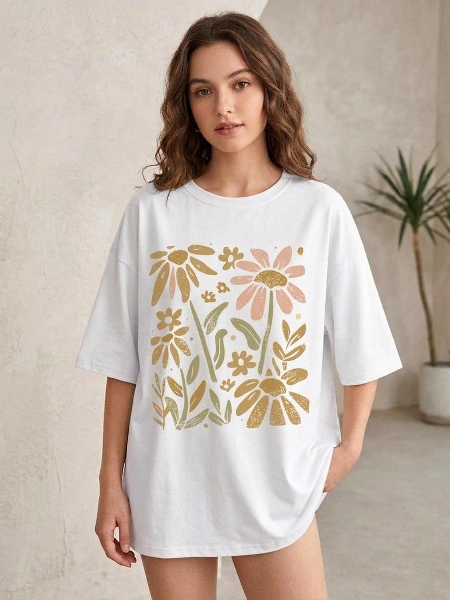 Women White Oversized Printed Sunflower T-shirt