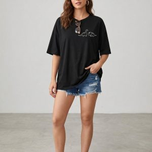 Women Black Oversized Printed Dino2 T-shirt