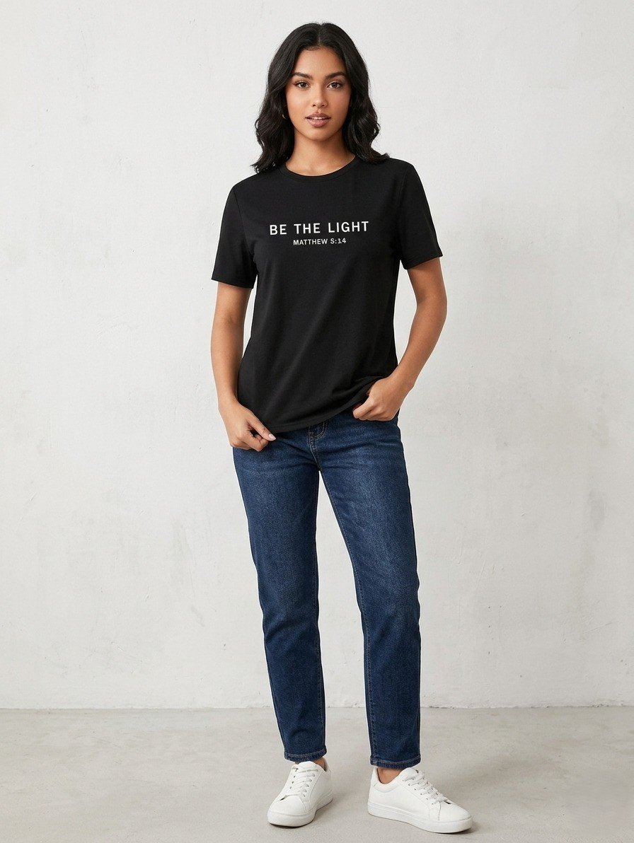 Women Black Oversized Typography Be The Light T-shirt