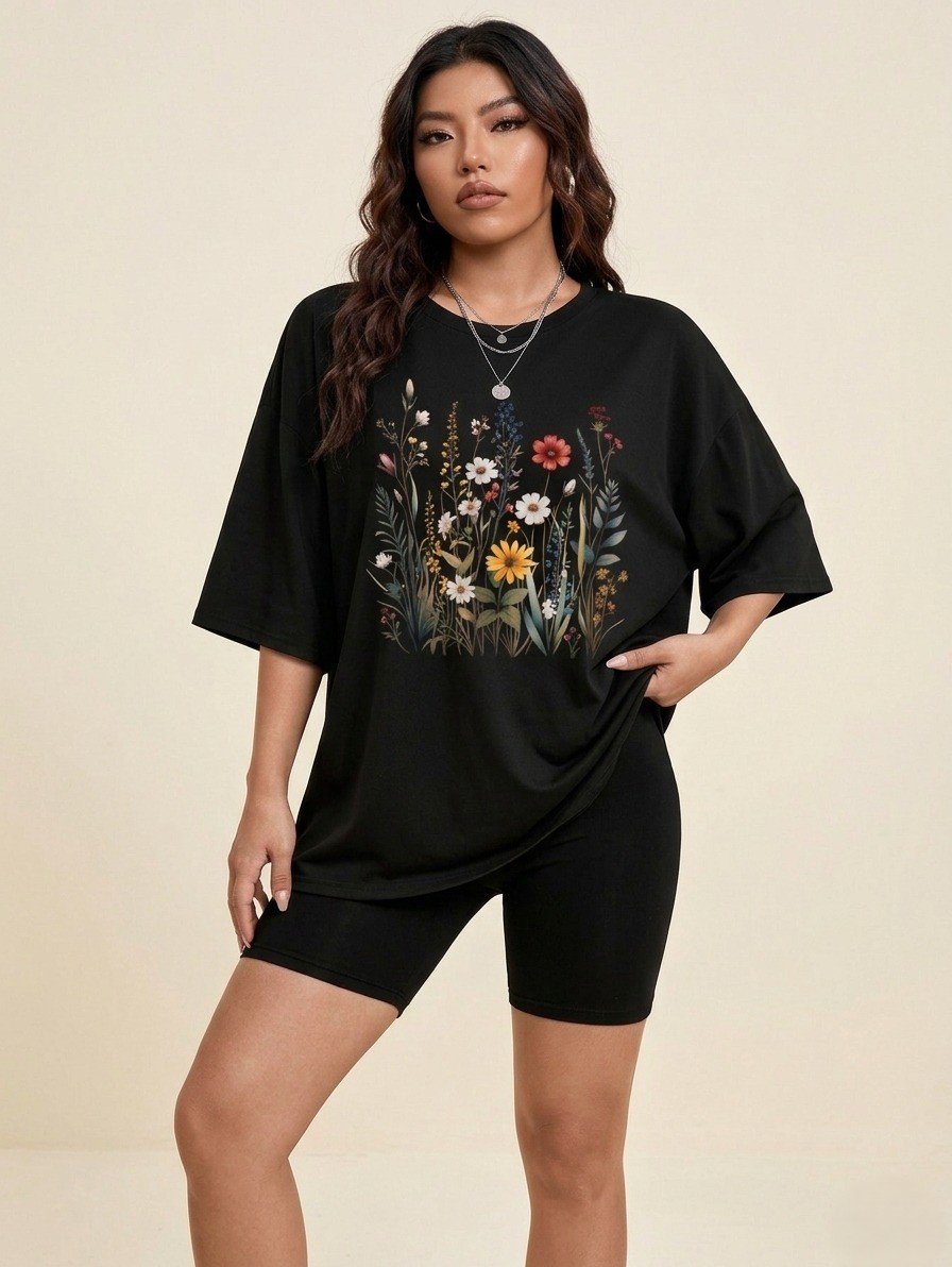 Women Black Oversized Printed Flowers T-shirt