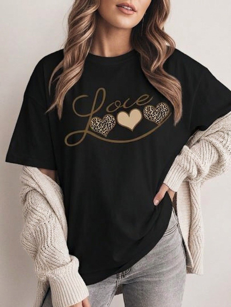 Women Black Oversized Printed Love3 T-shirt