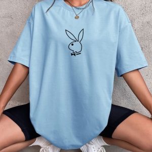 Women Sky Blue Oversized Printed Playboy T-shirt