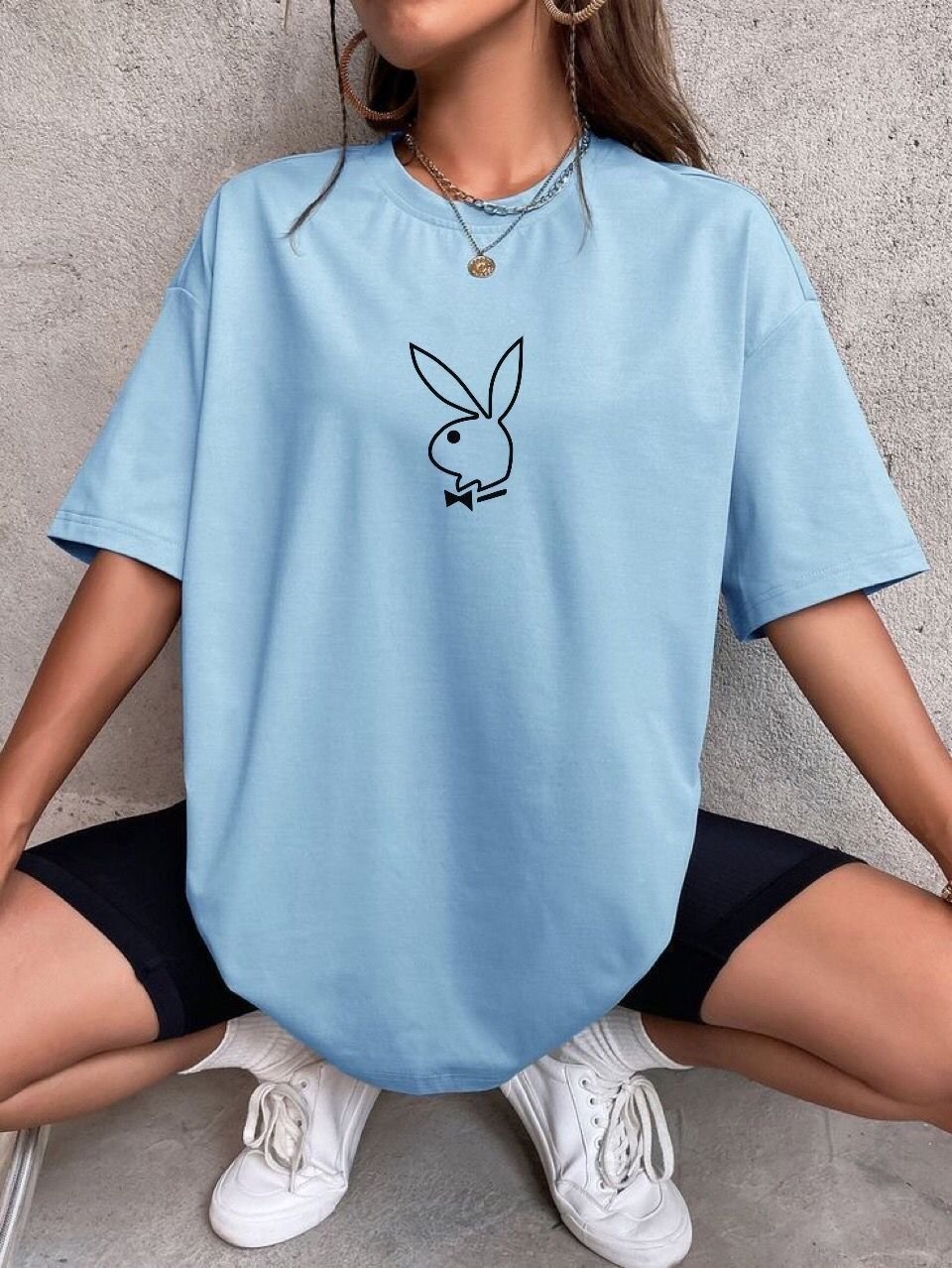 Women Sky Blue Oversized Printed Playboy T-shirt