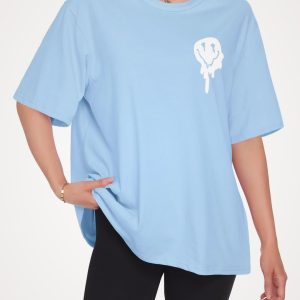 Women Sky Blue Oversized Printed Smiley T-shirt