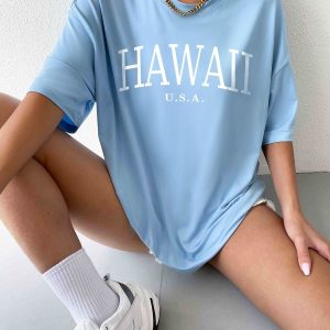 Women Sky Blue Oversized Typography Hawaii T-shirt