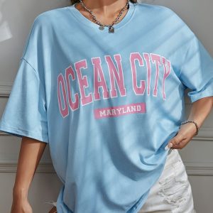 Women Sky Blue Oversized Typography Ocean City T-shirt