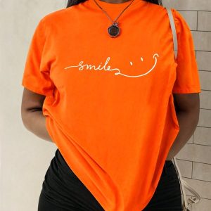 Women Orange Oversized Typography Smile T-shirt