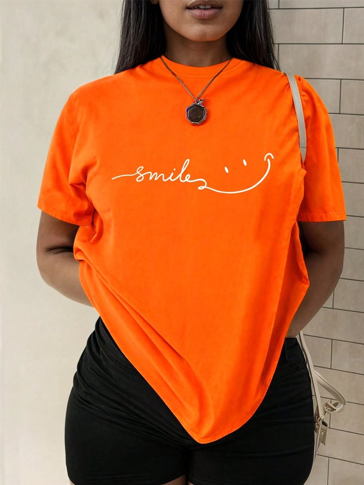 Women Orange Oversized Typography Smile T-shirt
