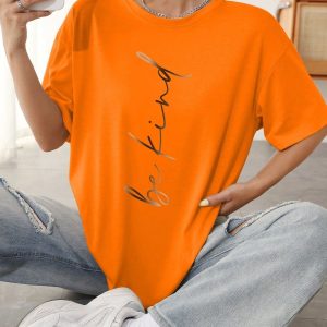 Women Orange Oversized Typography Be Kind T-shirt