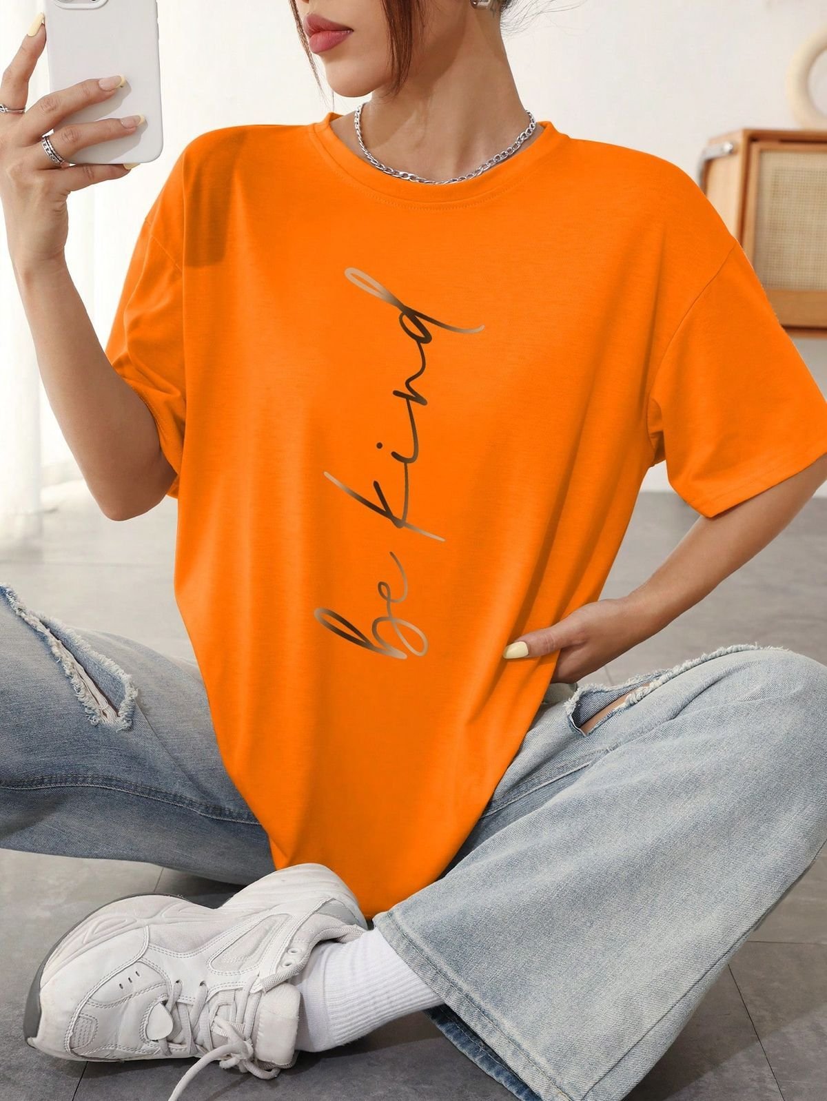 Women Orange Oversized Typography Be Kind T-shirt