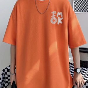 Men Orange Oversized Typography I'm Ok T-shirt