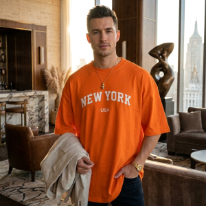 Men Orange Oversized Typography New York USA T-shirt