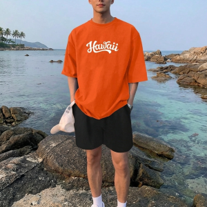 Men Orange Oversized Typography Hawaii T-shirt