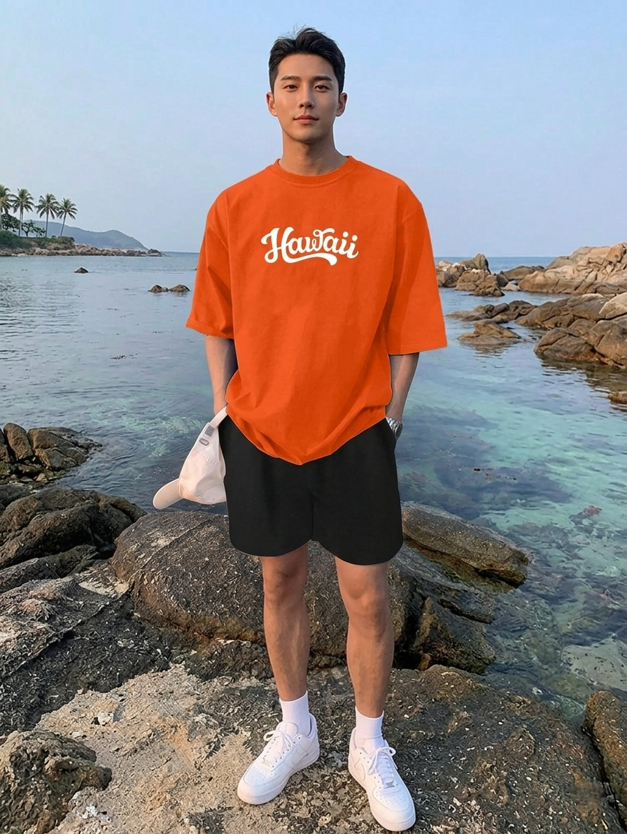 Men Orange Oversized Typography Hawaii T-shirt