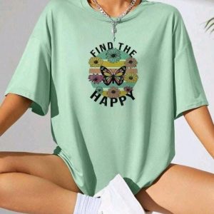 Women Pista Oversized Typography Find The Happy Butterfly T-shirt