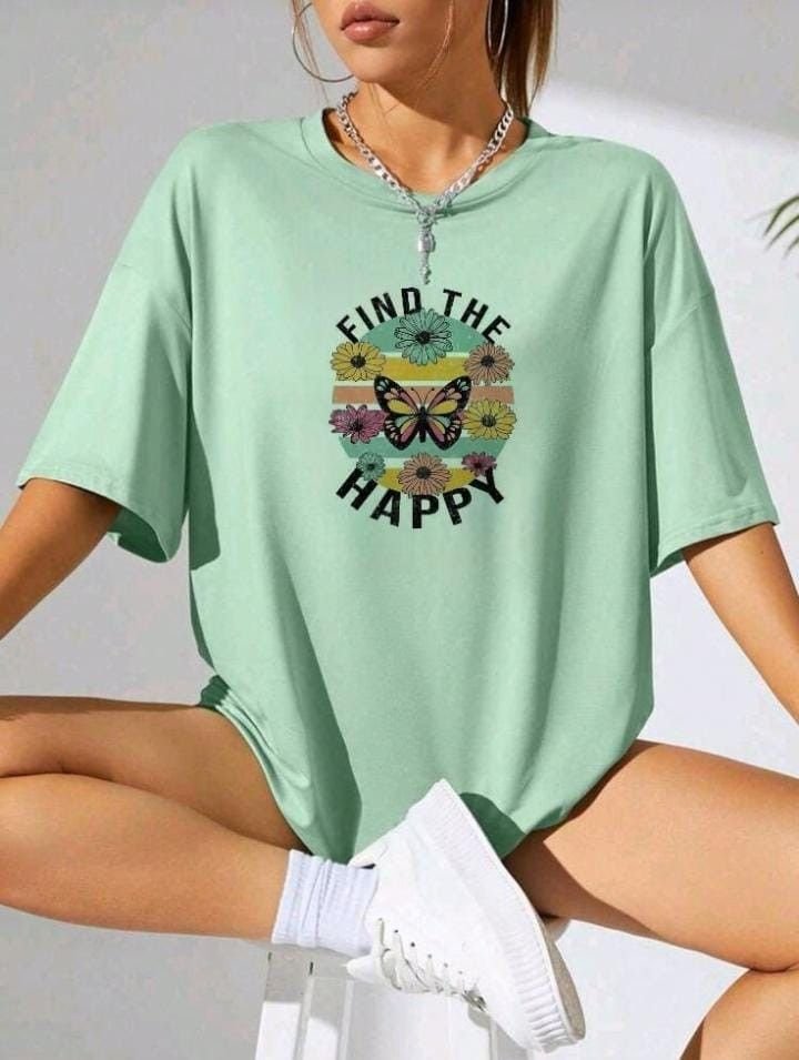 Women Pista Oversized Typography Find The Happy Butterfly T-shirt