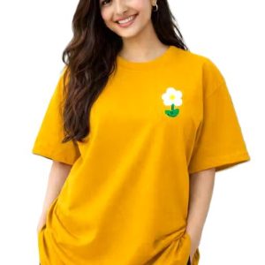 Women Mustard Oversized Printed Flower T-shirt