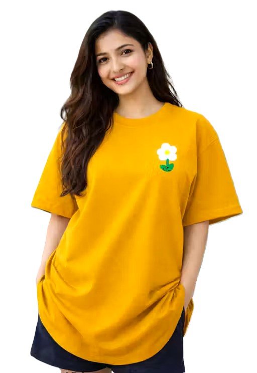Women Mustard Oversized Printed Flower T-shirt