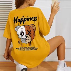 Women Mustard Oversized Typography Happiness T-shirt