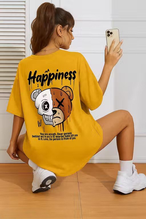 Women Mustard Oversized Typography Happiness T-shirt